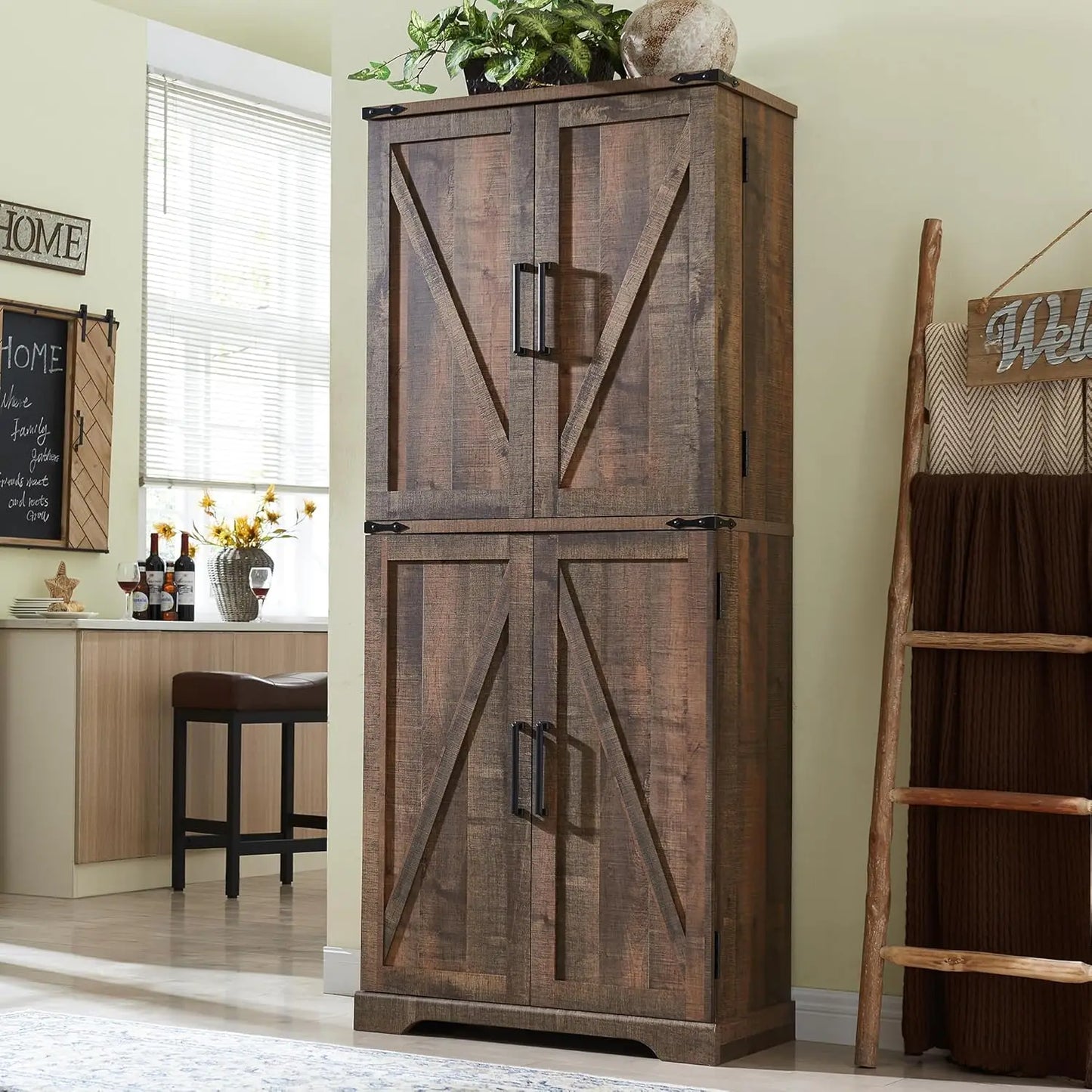 Tall Kitchen Pantry, Farmhouse Storage Cabinet with Barn Doors