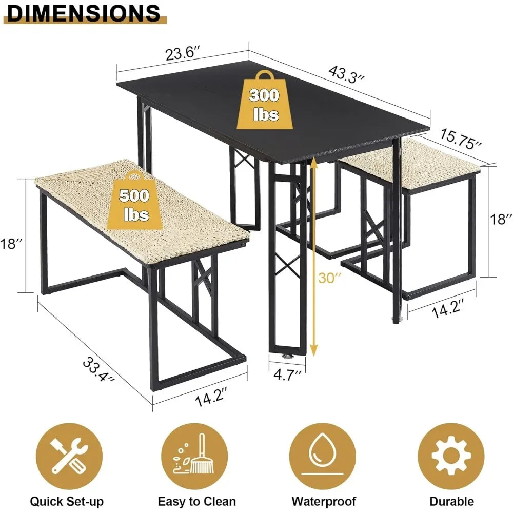 Farmhouse Dining Table Set for 4 With 3 Benches